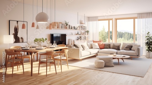 Contemporary house design concept living room showflat beautiful home interior decorative ideas room with ambient light combone with nature window light earth tone colour scheme ,ai generate