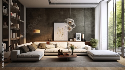 Contemporary house design concept living room showflat beautiful home interior decorative ideas room with ambient light combone with nature window light earth tone colour scheme ,ai generate © VERTEX SPACE