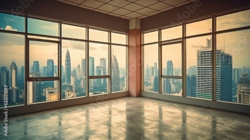 empty space interior background clean clear apartment room with high rise modern building in the background out of window home interior concept,Created with Generative AI Technology. © VERTEX SPACE