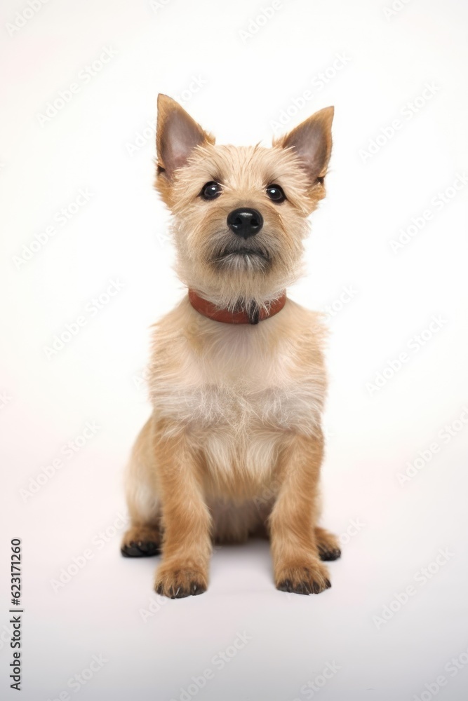 Studio shot of a cute Norwich terrier isolated on a white backdrop. Studio shot of a cute Norwich terrier isolated on a white backdrop.