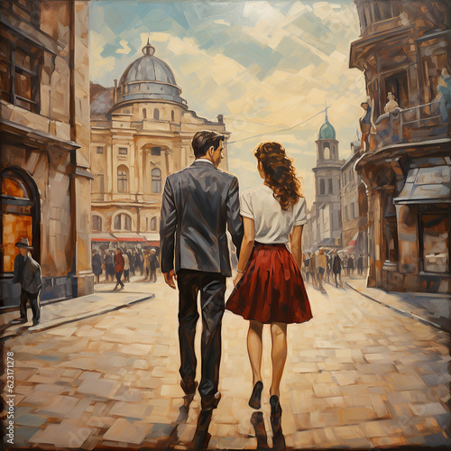 Couple Walking Down Beautiful European City Street, Ultra-High Resolution Painting