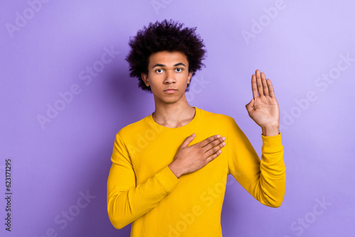 Fotografie Photo of focused concentrated young person arm touch heart raise palm swear prom
