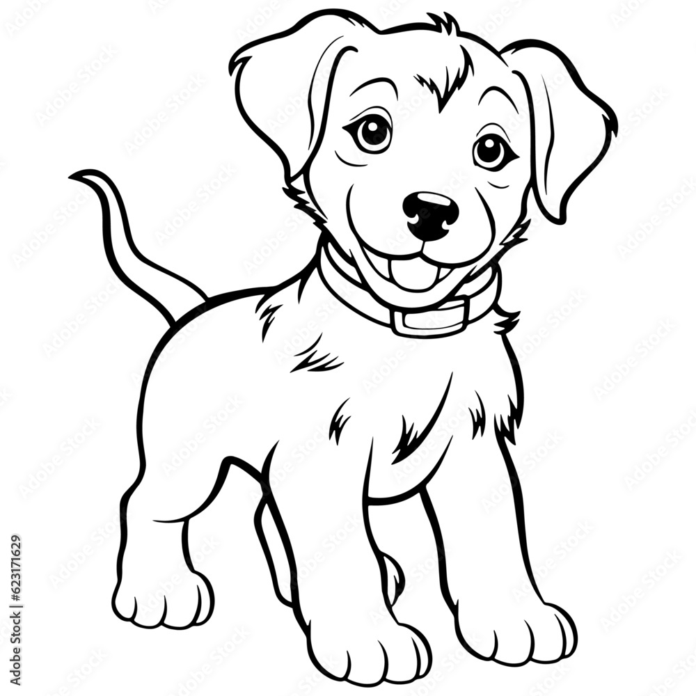 Coloring page outline of cartoon smiling cute little dog, Summers