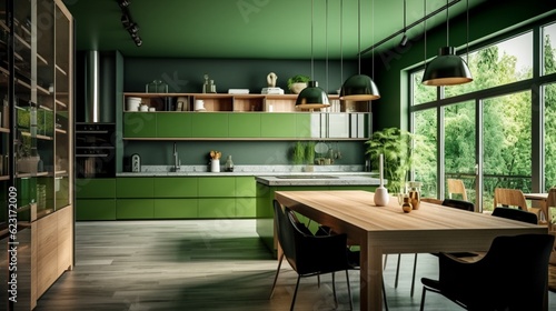 Green kitchen room and minimalist interior design. Generative AI.
