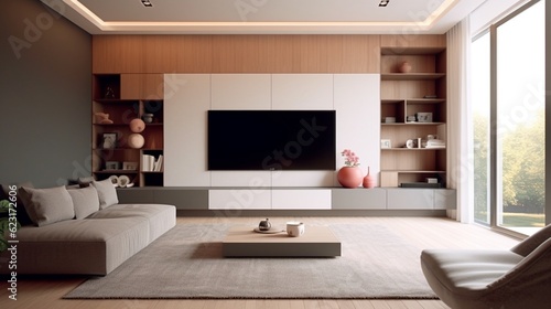 Living room with cabinet for TV in two tone color wall, minimalist muji style. Generative AI.