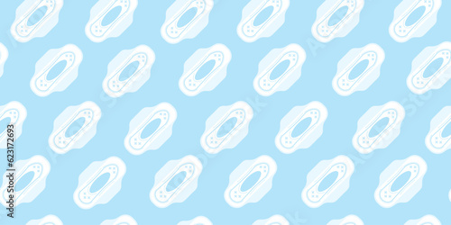 Seamless pattern with sanitary pad on blue background. Feminine hygiene. Personal hygiene item for menstruation. Texture with female pad. Vector illustration with sanitary napkin