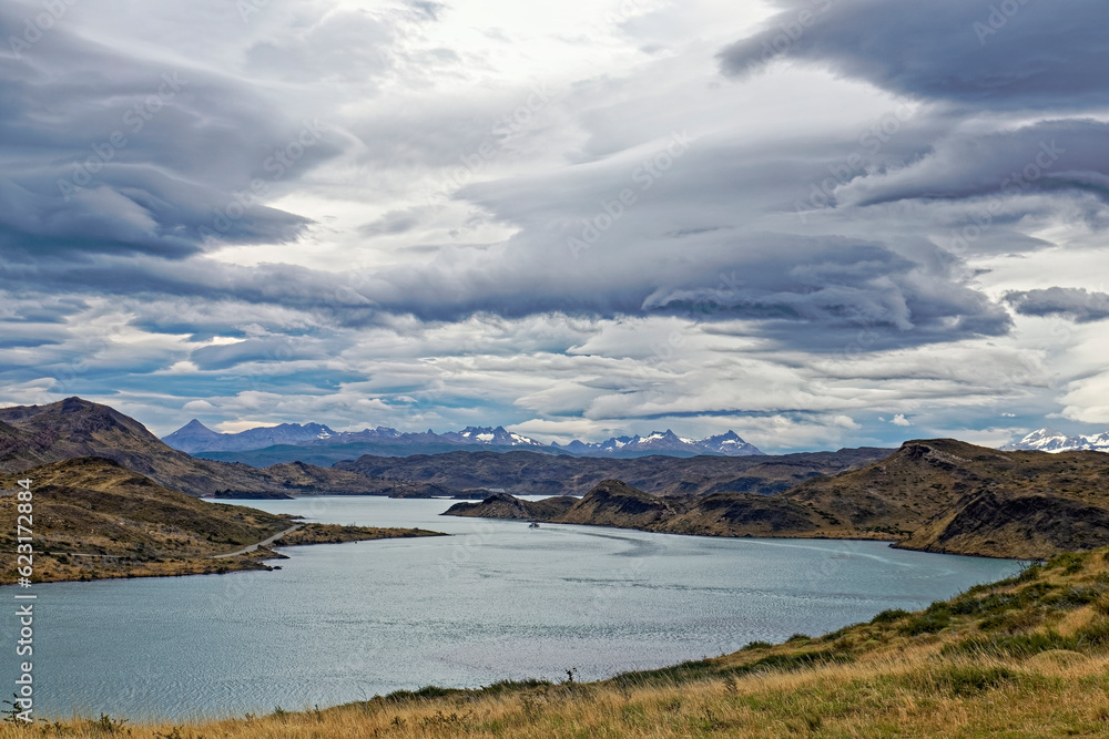 Chile Sarmiento Lake – postcard views of mountain peaks.
