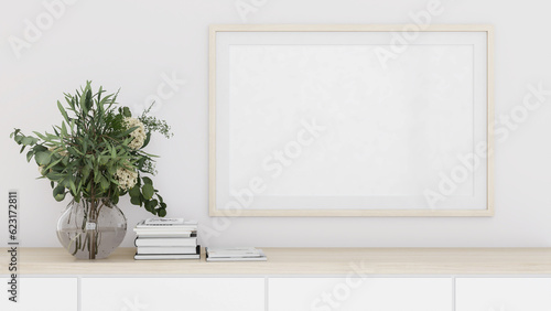 Empty space living room interior window, table counter, book, flower vase mock-up poster frame, natural light, product 3Drender.