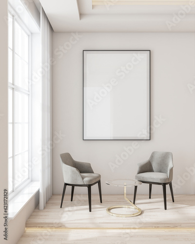 Living room interior style modern minimalist japandi  arm chair  coffee table  carpet  curtain  mock up poster frame  wooden floor  natural light from the window. 3D render.