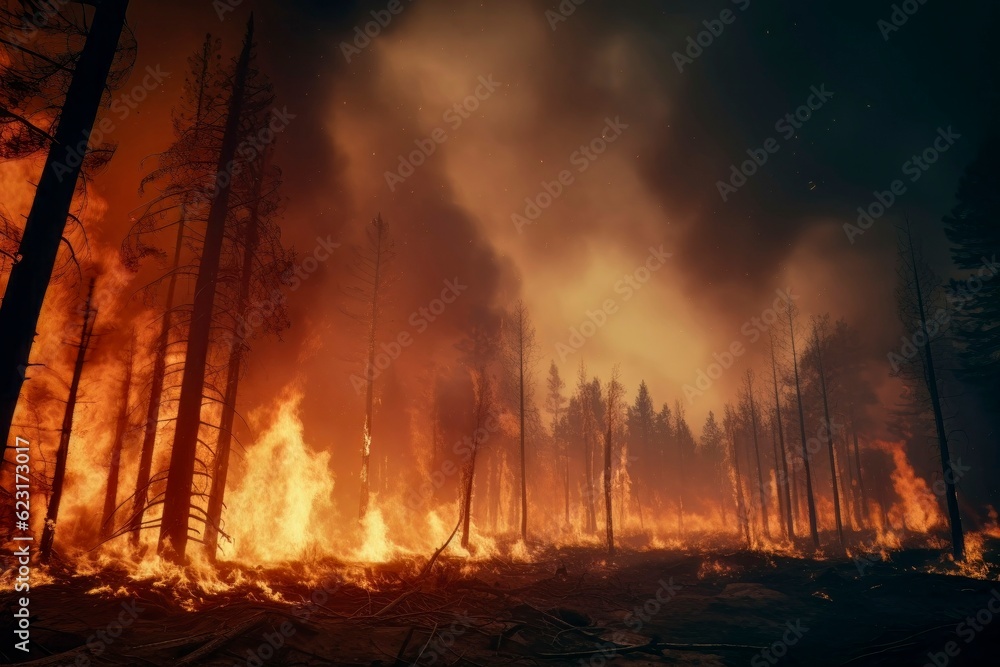 Burning Pine Forest Engulfed in Smoke and Flames