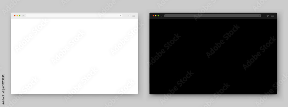 A set of browser window in white and black on a gray background. Website layout with search bar, toolbar and buttons. Vector EPS 10. A set of browser window in white and black on a gray background. Website layout with search bar, toolbar and buttons. Vector EPS 10.