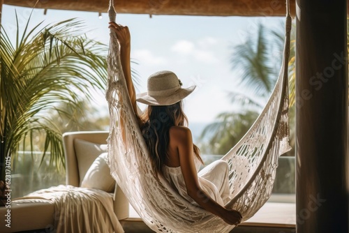 Carefree Woman Relaxing in a Luxury Resort Hammock