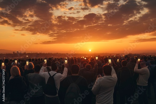 Digital Disconnect: Crowd Obsessed with Smartphones at Sunset