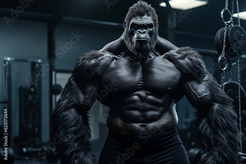 fit Gorilla standing at the gym, Powerful Gorilla Working Out at the Gym, generative AI © Ash