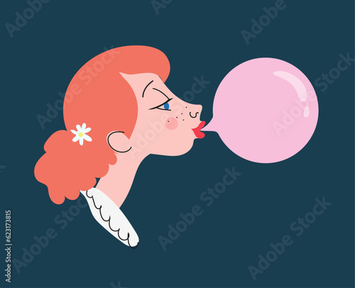 Happy child with pink bubblegum. Fun and childhood.Child popping gum bubbles. Vector illustration.