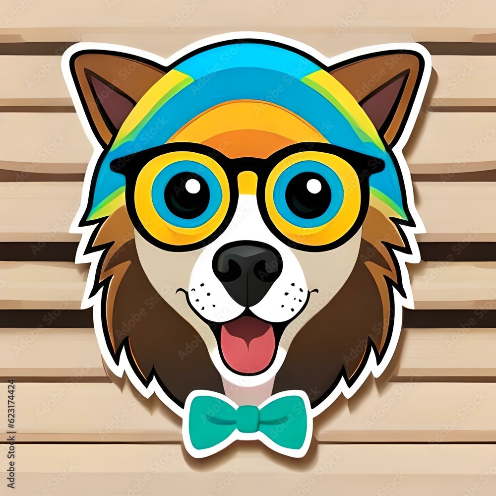colorful dog sticker wearing glasses