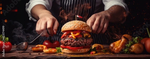 Fényképezés Chef prepare finest hamburger. wide banner