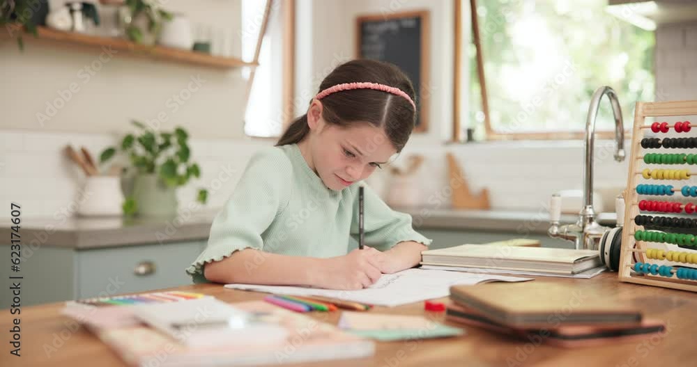 Drawing, writing and girl child with homework at a home table for education and learning. Young school kid or student with a pencil for math or creative project for development with study and abacus Drawing, writing and girl child with homework at a home table for education and learning. Young school kid or student with a pencil for math or creative project for development with study and abacus