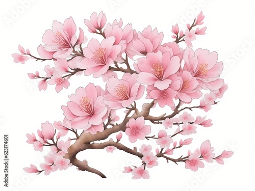 Sakura blossom branch with flowers. Isolated illustration of  Japanese pink cherry or apricot floral elements fall down vector background. Cherry blossom branch  flower petal illustration 