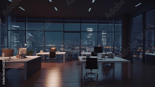 Fototapeta Naklejka Na Ścianę i Meble -  night time office space with row of working office table and work station unit modern interior office design,Generative AI