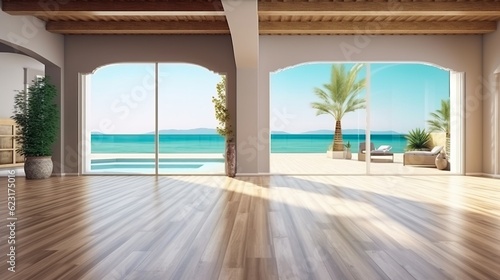 beautiful home interior space with black living room wooden floor with ocean seaside blue sky sea sand beach summer freshness travel season window view house design tropical style,generative ai © VERTEX SPACE