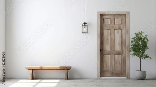 Tela beautiful wooden door with old wood bench white background wall home interior de