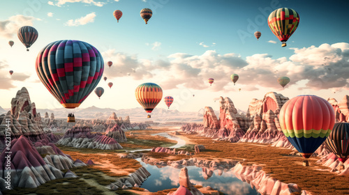 Dozens of brightly-colored hot air balloons soar into the sky from a tranquil valley.