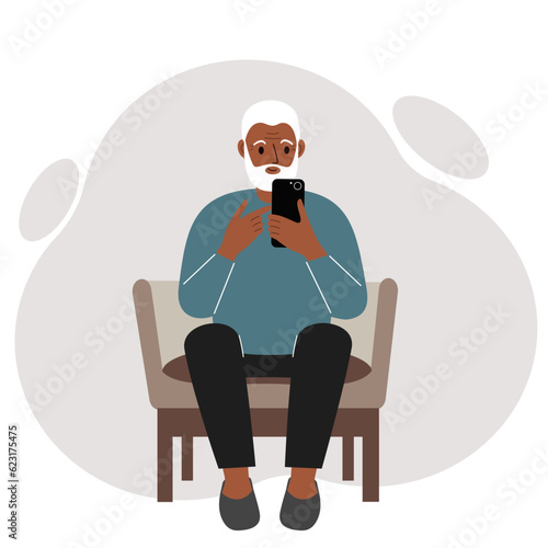 A man sits in a chair with a mobile phone. Vector