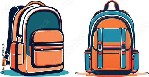 School bag illustration, front and side view, isometric, colorful, flat