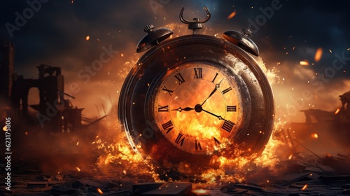 Burning clock on dark background, concept of time running out