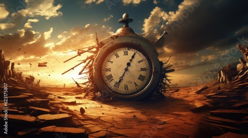 Clock in desert with sky on background, concept of time running out