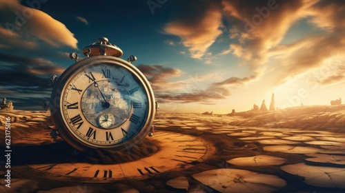 Clock in desert with sky on background, concept of time running out