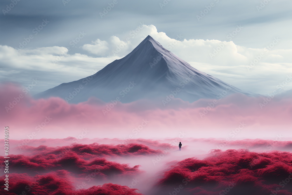 Surreales Bild eines Berges mit rosa blühender Umgebung, AI generiert