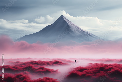 Surreales Bild eines Berges mit rosa blühender Umgebung, AI generiert