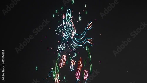 4K shot of flying drones creating 3d models, colorful dragon moving paws, Asian style, deep dark night sky. Glowing spots.