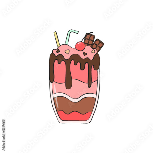 Milkshake vector illustration. Cartoon isolated glass cup with milk drink. Cocktail dessert with chocolate and strawberry cream. Milk shake cartoon