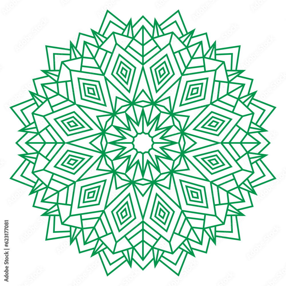 Green vector mandala. Lace pattern. Ornamental round ornament. Black snowflake pattern. Abstract Green vector mandala. Lace pattern. Ornamental round ornament. Black snowflake pattern. Abstract