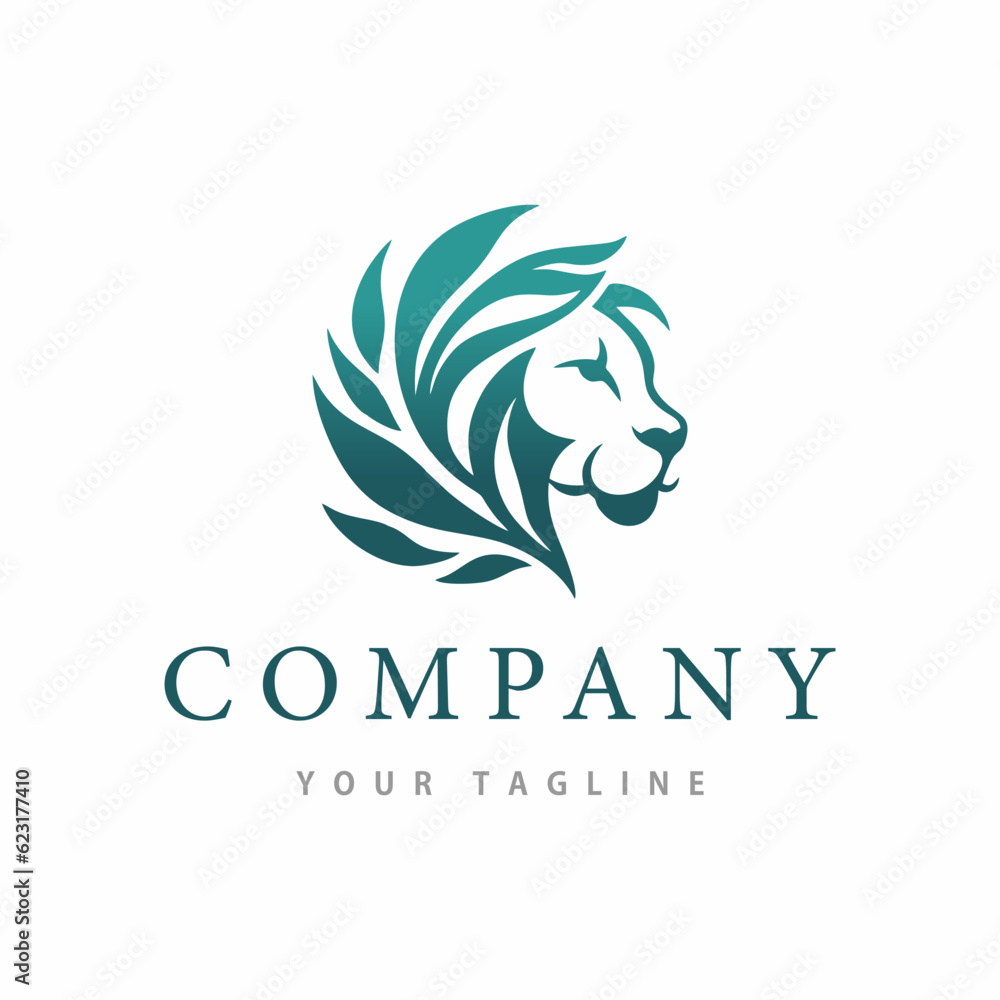 Lion leaf logo, lion head logo leaf negative space, isolated white background, vintage design template vector illustration Lion leaf logo, lion head logo leaf negative space, isolated white background, vintage design template vector illustration