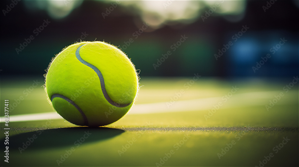 Tennis Ball on a Tennis Court. Close up Shot. Ideal for banner or Background.