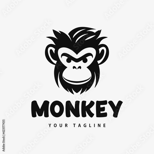 Monkey logo, monkey head smiling face, black and white, vector vintage simple design isolated template vector illustration