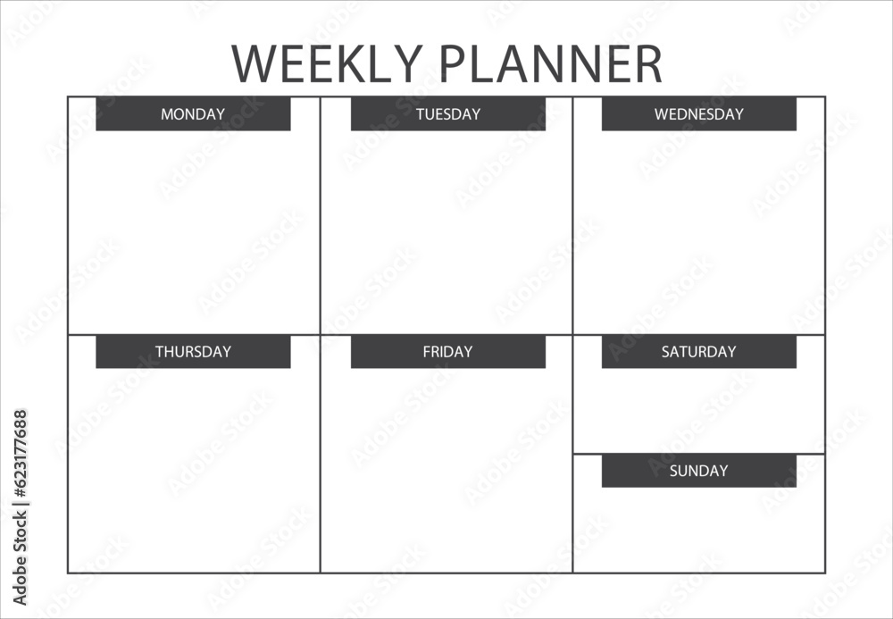 Clear and simple printable Weekly Planner. Minimalist Weekly planner template. Blank white notebook page isolated. Business organizer page. Paper sheet. Realistic vector illustration Clear and simple printable Weekly Planner. Minimalist Weekly planner template. Blank white notebook page isolated. Business organizer page. Paper sheet. Realistic vector illustration