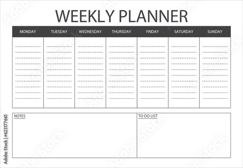 Clear and simple printable Weekly Planner. Minimalist planner template. Weekly Schedule, Weekly Agenda, Weekly Overview, Weekly Tasks, Weekly Organizer. Business organizer page vector illustration