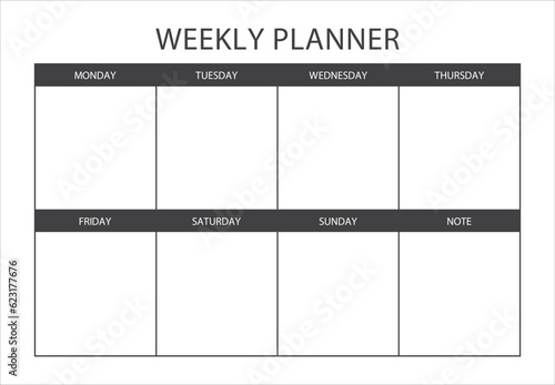 Clear and simple printable Weekly Planner. Minimalist Weekly planner template. Blank white notebook page isolated. Business organizer page. Paper sheet. Realistic vector illustration