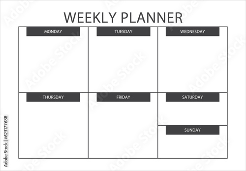 Clear and simple printable Weekly Planner. Minimalist Weekly planner template. Blank white notebook page isolated. Business organizer page. Paper sheet. Realistic vector illustration