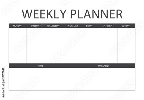 Clear and simple printable weekly planner, Minimalist Weekly organizer template. to do list, notes. Blank white notebook page isolated. Business organizer page. Paper sheet. vector illustration