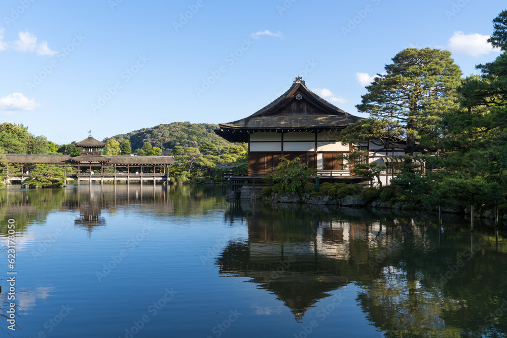 Japanese garden Seiho-ike pond at east Shin-en garden of Heian-jingu temple religious shrine in Kyoto Japan seen on a luxury holiday as a tourist