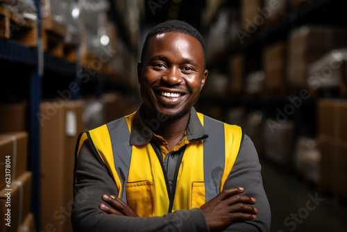 The delivery man standing arms crossed in the warehouse