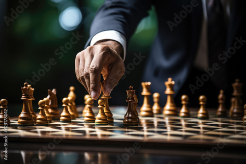 Businessman hand chess pieces on a chessboard
