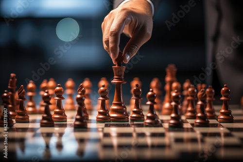 Businessman hand playing chess pieces on board