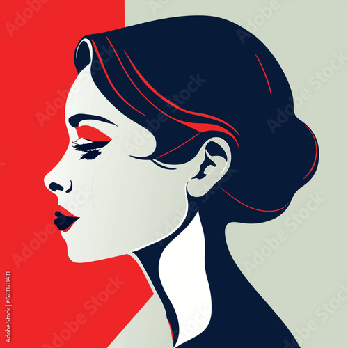 Woman illustration, portrait, side view, woman face, three color, red, grey